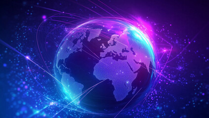 A purple and blue gradient background with the Earth on it, digital lines of light around the globe, and data visualization in a black space.