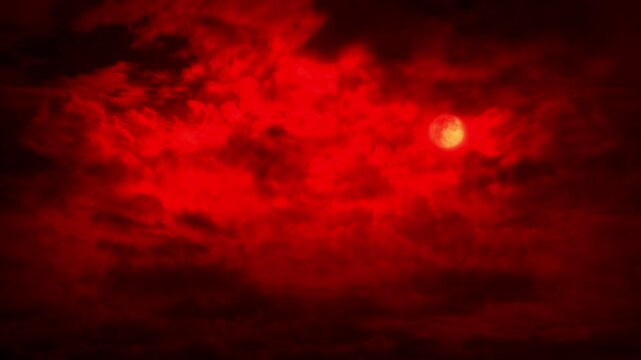 Red Moon With Clouds Parting And Lightning Frightening Sky