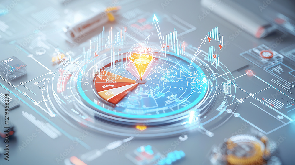 Poster futuristic 3d diagram showcasing segmentation, targeting, and data visualization with glowing charts