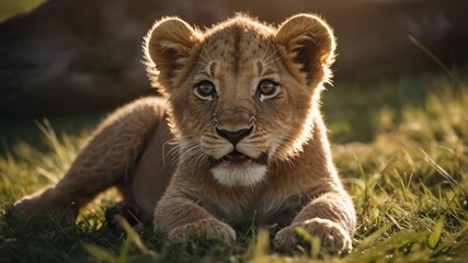 Fototapeta premium Young lion cub resting on grass in a serene environment with soft sunlight illuminating its fur