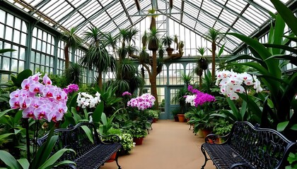 Greenhouse showcasing vibrant orchids and tropical plants