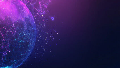 A purple and blue gradient background with the Earth on it, digital lines of light around the globe, and data visualization in a black space.