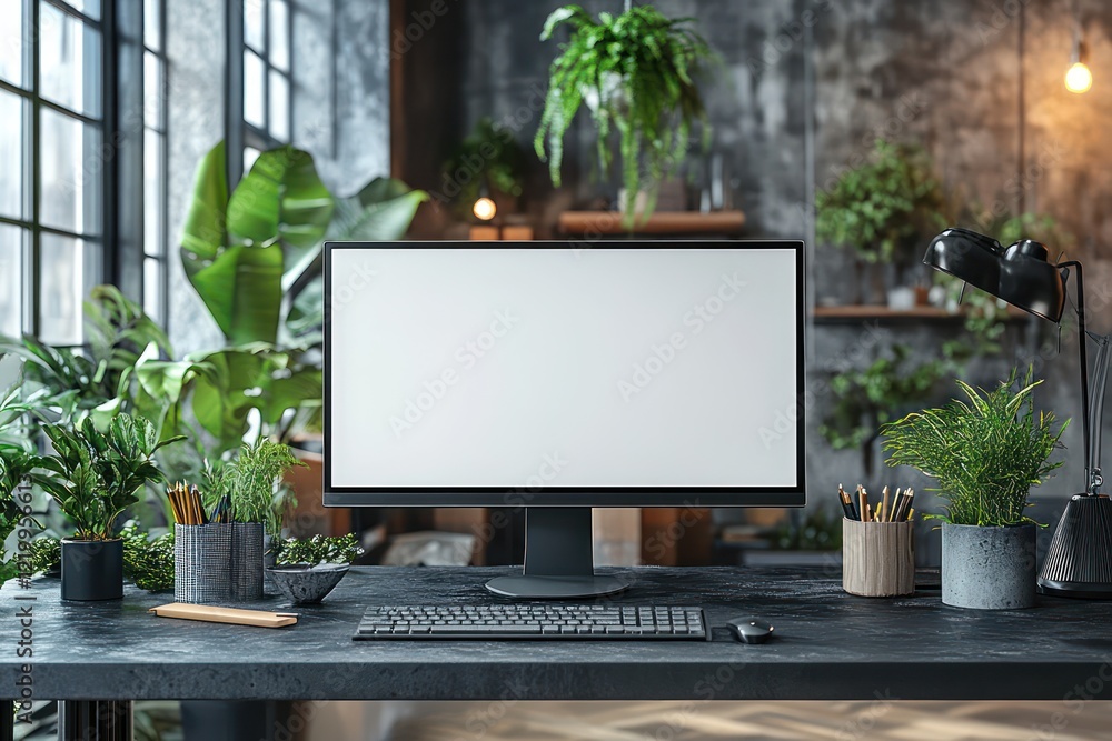 Poster modern workspace with blank screen computer and lush greenery