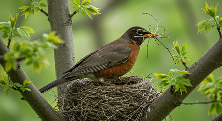 Fototapeta premium An american robin is repairing and building its nest for laying eggs
