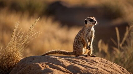 Fototapeta premium A solitary meerkat perched on a rock in a sunlit savanna, surrounded by tall grasses and distant hills