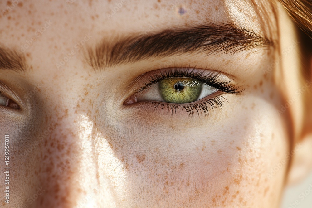 Poster A hyper-realistic close-up of a person face, their brows furrowed and lips slightly parted as they stare at a perplexing object in their hand, with visible pores and fine lighting details