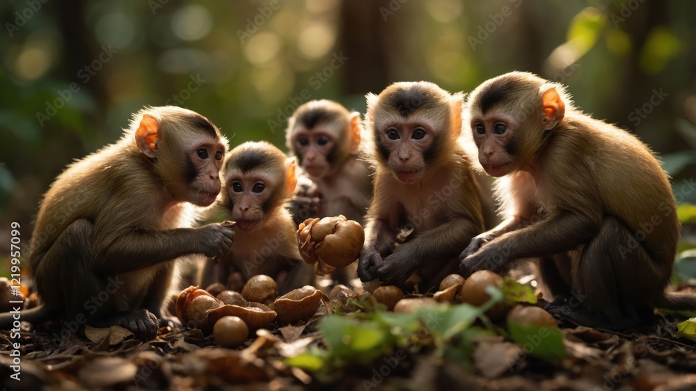 Poster a group of playful monkeys in a forest enjoying nuts, surrounded by lush greenery and dappled sunlig