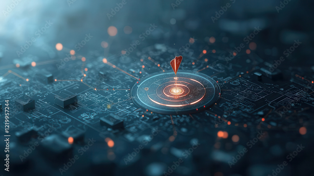 Poster futuristic digital map interface with glowing orange markers and circuit like patterns, symbolizing 