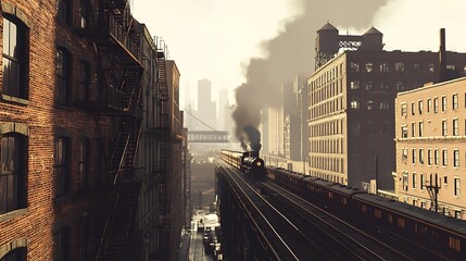 Fototapeta premium Steam Trains & Brick Buildings with smoke filled sky