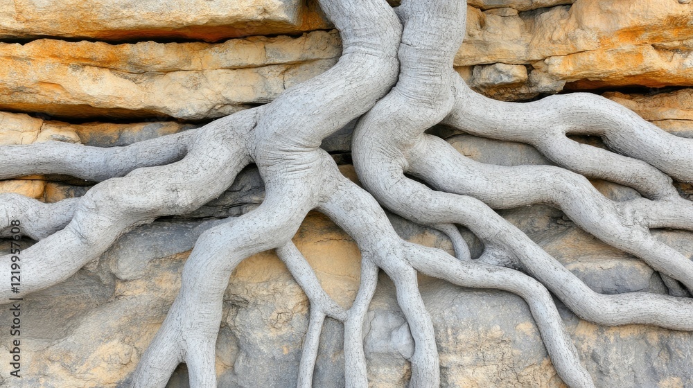 Poster gnarled and twisted tree roots intertwining over a rocky weathered ground in a raw display of nature