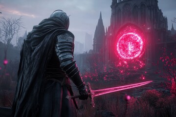 Obraz premium A knight standing in the ruins of a gothic cathedral, frozen in shock as a shattered stained-glass window begins to reassemble itself magically