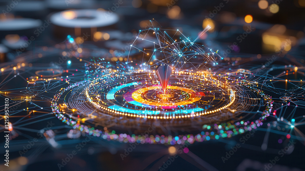 Poster futuristic 3d digital interface with glowing data points, networks, and connections, symbolizing seg