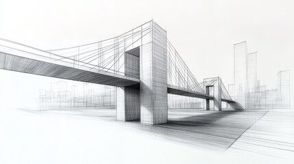 Modern Urban Bridge: Minimalist Perspective in Pencil Drawn Illustration