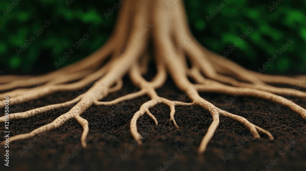 Poster macro shot of an intricate sprawling network of ancient tree roots spreading across the forest floor