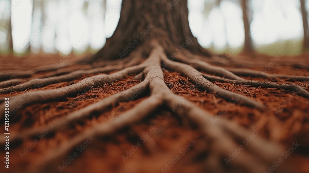 Aufkleber macro close up shot of sprawling ancient tree roots covering the forest floor creating an intricatel