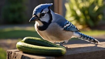 A blue jay perched on a wooden surface beside fresh cucumbers in a sunny garden setting