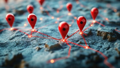 3D Map with Location Pins and Network Lines for Geographic Information System Analysis and Spatial Data Visualization