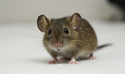 Small brown mouse on white background, looking curious
