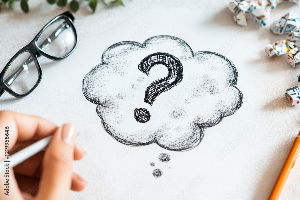 Aufkleber A minimalist design of a person with a small thought bubble containing a question mark, drawn with simple black lines and a soft pastel background