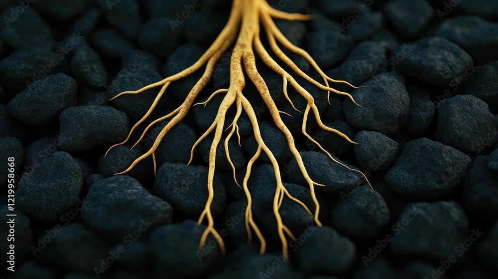 Poster powerful and intricate root system of a tree or plant wrapping around and intertwining with an old w