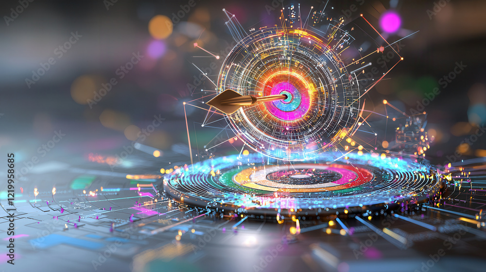 Poster vibrant 3d illustration of dart hitting center of glowing digital target, symbolizing precision and 