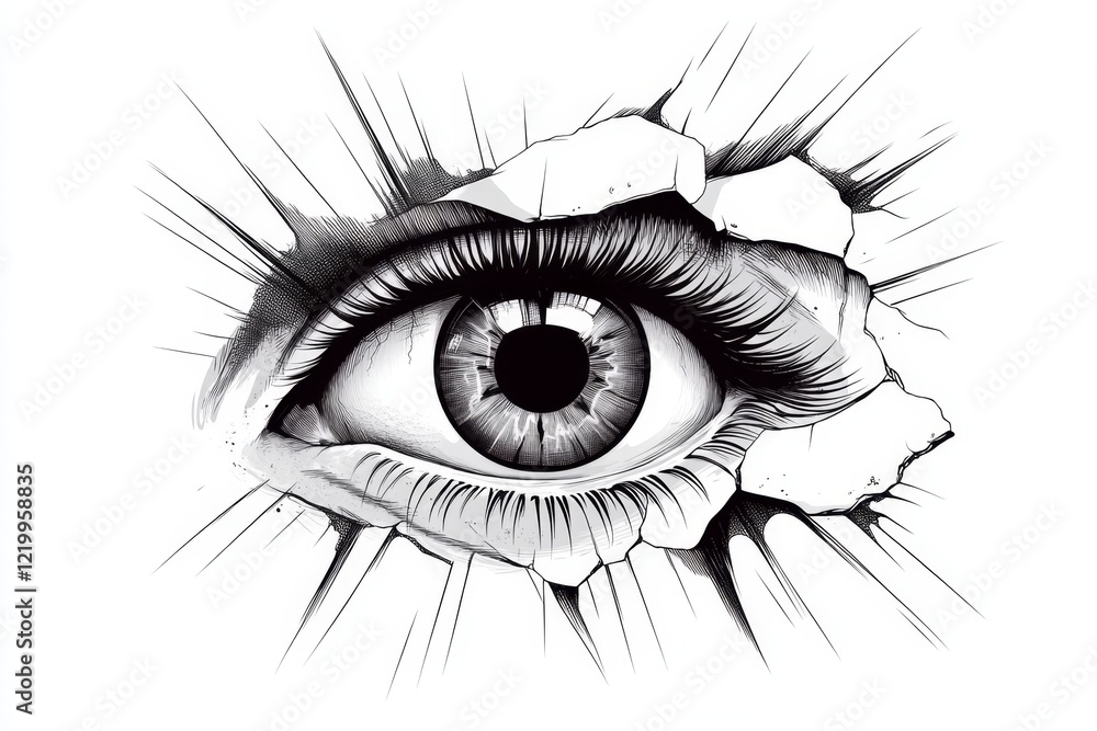 Poster a minimalist design of a wide-open eye with jagged, radiating lines around it to symbolize shock, dr
