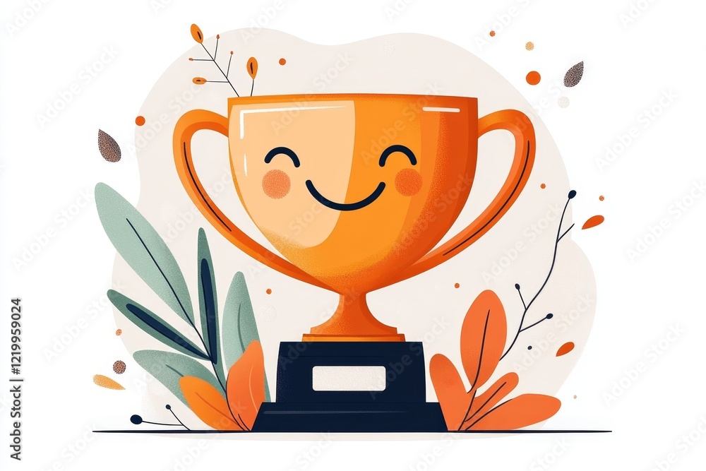 Poster a minimalist illustration of a trophy with clean, bold lines and a simple smiling face engraved on i