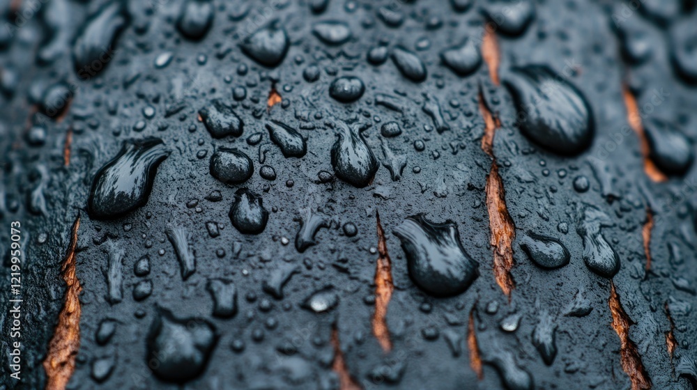 Poster wet tree bark glistening with tiny water droplets after a recent rainfall creating a refreshing and 
