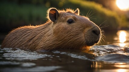 Capybara swimming in serene water at sunset, surrounded by lush greenery and reflections
