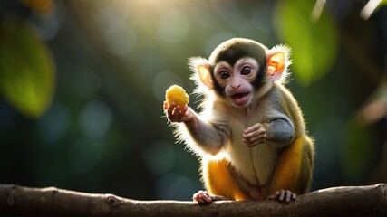 Obraz premium Playful monkey holding a fruit in a lush forest, sunlight filtering through leaves