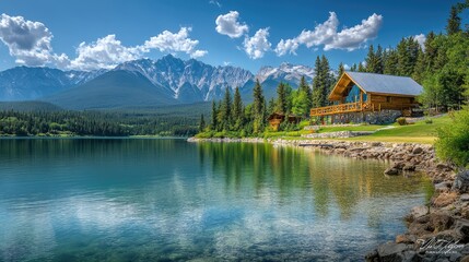 Fototapeta premium Mountain lake cabin summer vacation landscape