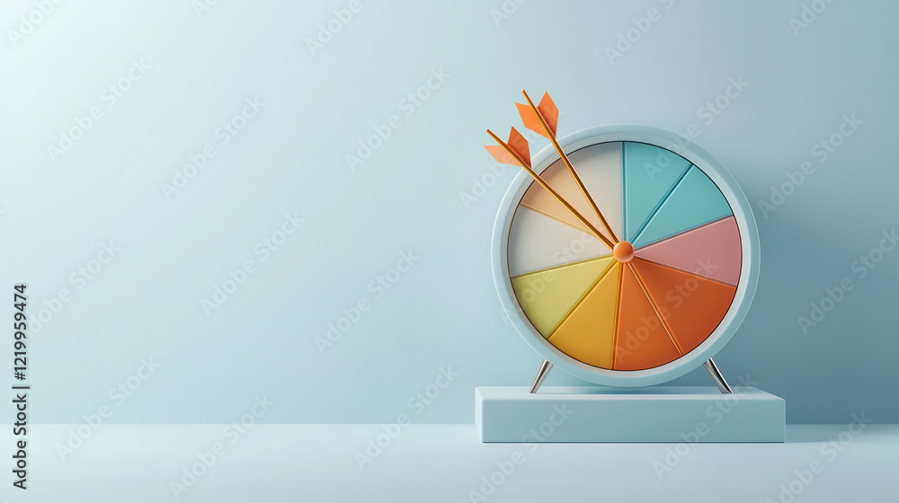 Poster colorful dartboard with arrows on minimalist stand, symbolizing precision and targeting, set against