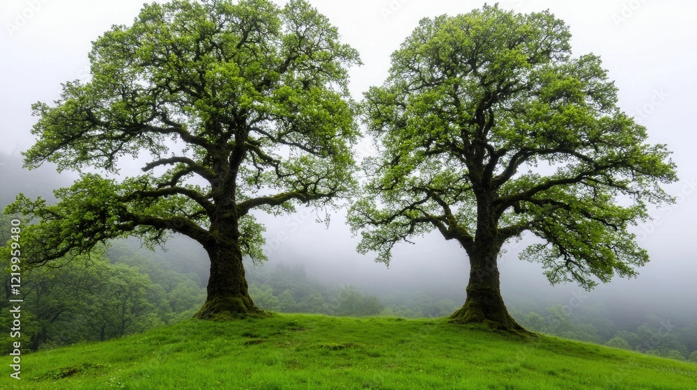 Poster enchanting and timeless cluster of towering giant oak trees in a misty and atmospheric forest landsc