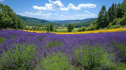 Fototapeta premium Vibrant lavender field with scenic landscape view.