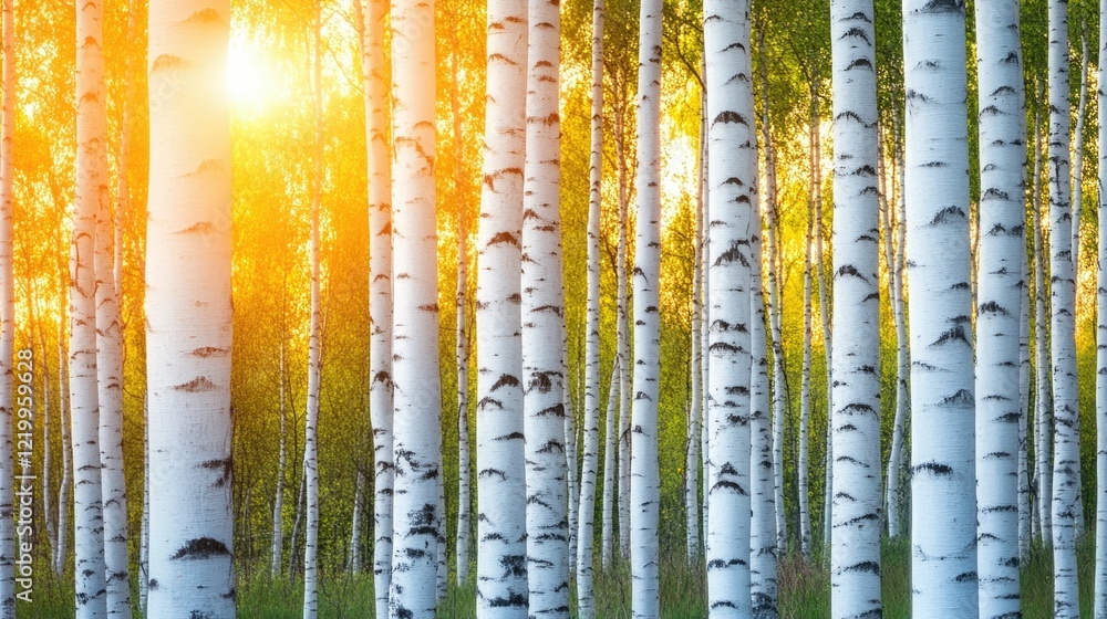 Poster vast forest of birch trees with shimmering white bark under soft warm sunlight creating a peaceful a