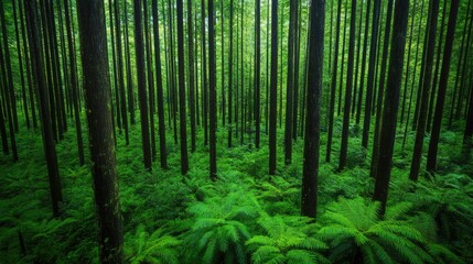Immense Lush Green Rainforest Showcasing Vibrant Biodiversity with Tall Tree Trunks and Verdant Foliage in a Tranquil Peaceful Natural Setting
