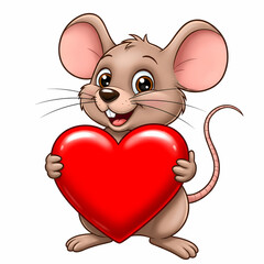 Cute cartoon mouse holding large red love heart