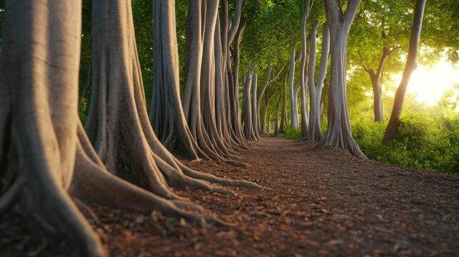 Massive banyan trees with cascading aerial roots form a mystical forest ambiance creating a serene and captivating natural landscape to explore and discover