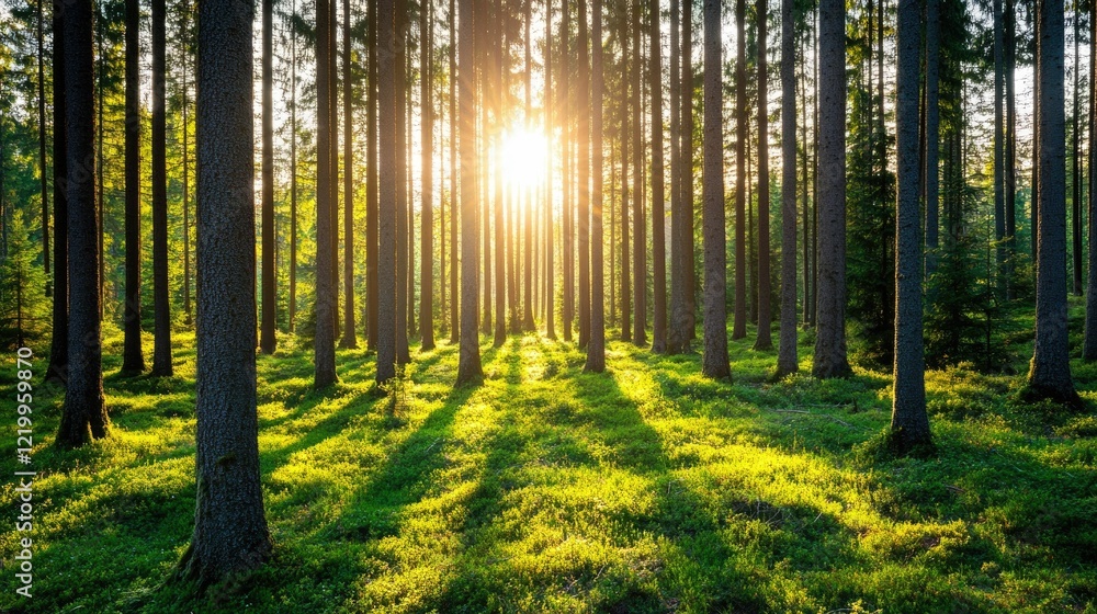 Poster tranquil dense forest of towering spruce trees with soft filtered sunlight beams illuminating the lu