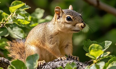 Fototapeta premium Squirrel perched on tree branch, alert, observing surroundings in leafy green forest habitat