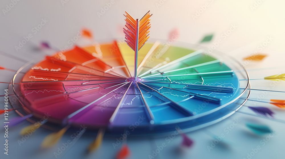 Poster colorful 3d diagram with arrow at center, representing segmentation, targeting, and data analysis in