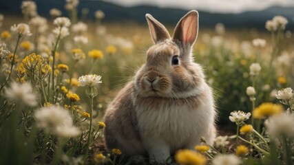 A fluffy rabbit sitting among vibrant wildflowers in a sunny meadow with mountains in the background