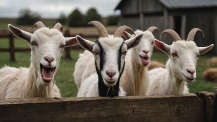 Obraz premium Four goats with varying colors and expressions, standing by a wooden fence on a farm