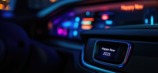 Night drive, dashboard, 2025 New Year greeting. Festive background, car interior