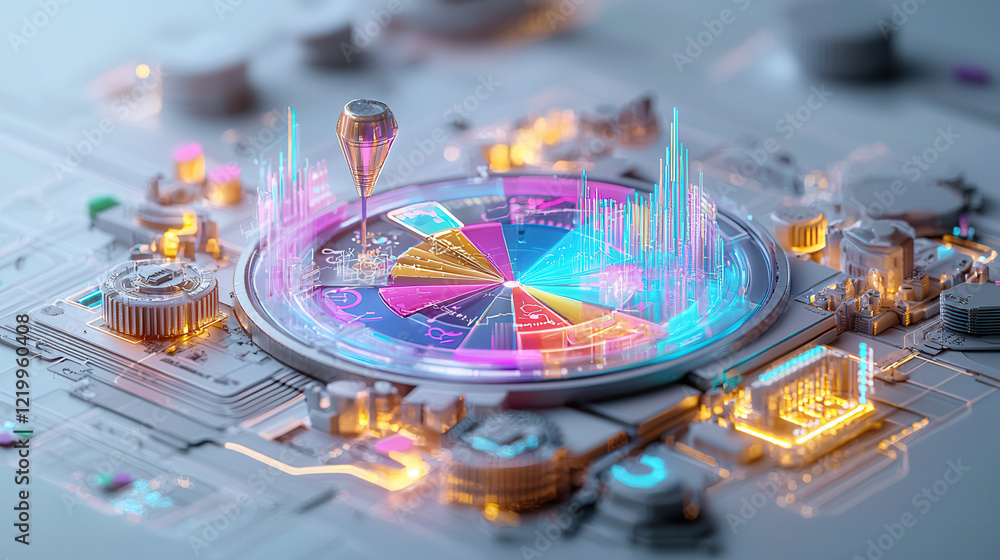Poster futuristic 3d diagram showcasing segmentation, targeting, and data visualization with vibrant neon c