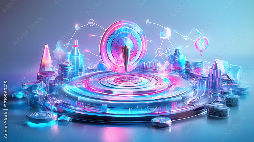 Poster vibrant 3d diagram combining segmentation, targeting, and positioning concepts with futuristic neon 