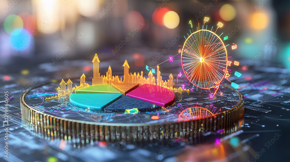 Poster vibrant 3d diagram showcasing segmentation, targeting, and positioning with colorful pie charts, dat