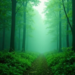 Misty green forest with trees in the background, fog, forest, mist