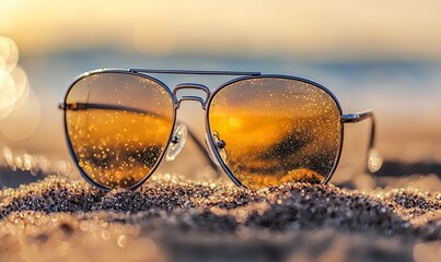 Sunglasses on sandy beach at sunrise reflecting ocean