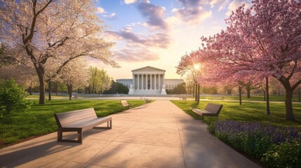 Supreme Court building exterior at sunset, symbolizing justice, law, and the enduring principles of democracy under the warm glow of twilight.